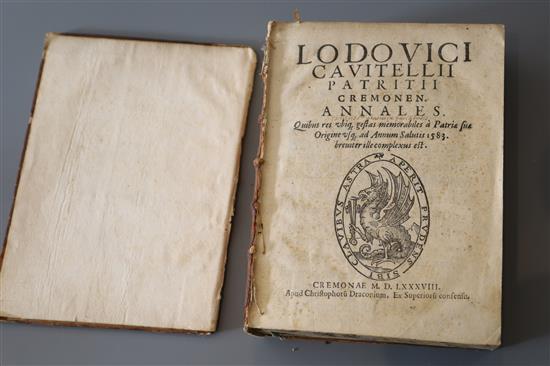 Cavitelli, Ludovico, d. 1583 - Cremonen Annales, calf, 8vo, armorial binding, front board detached, spine with loss,